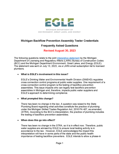 Michigan Backflow Prevention Assembly Tester Credentials FAQ